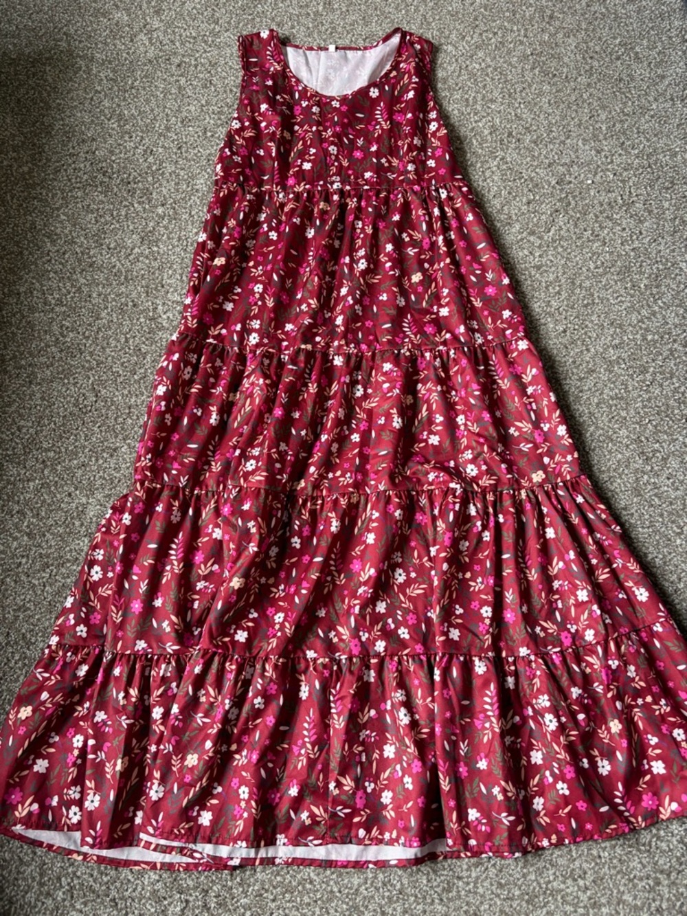 Sleeveless Burgundy Floral Tiered Maxi Dress